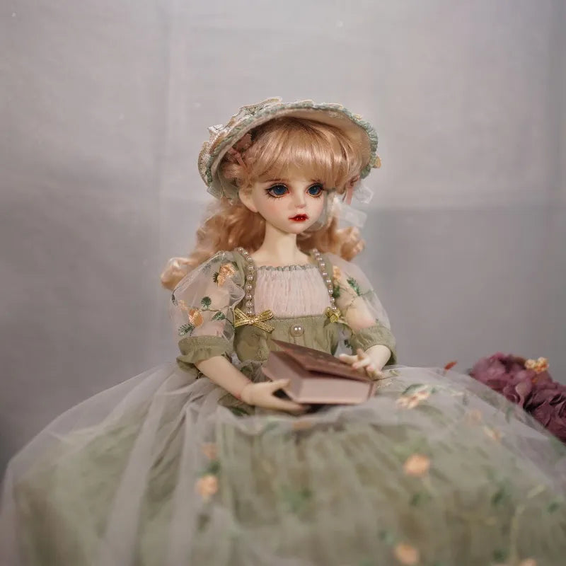 Fairy Garden Embroidered Gown for 1/4 BJD Dolls – Victorian Green Dress with Bonnet