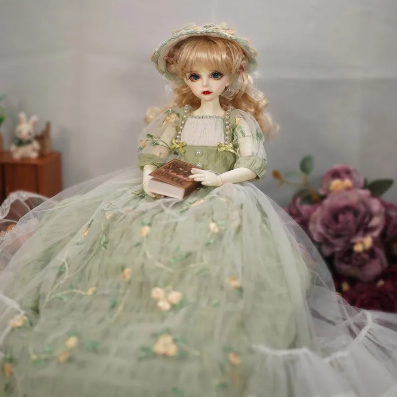 Fairy Garden Embroidered Gown for 1/4 BJD Dolls – Victorian Green Dress with Bonnet