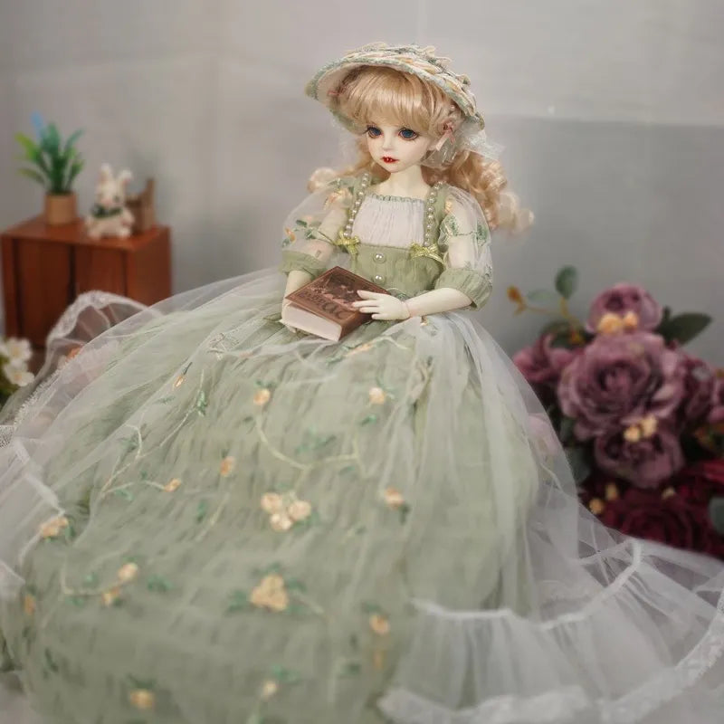 Fairy Garden Embroidered Gown for 1/4 BJD Dolls – Victorian Green Dress with Bonnet