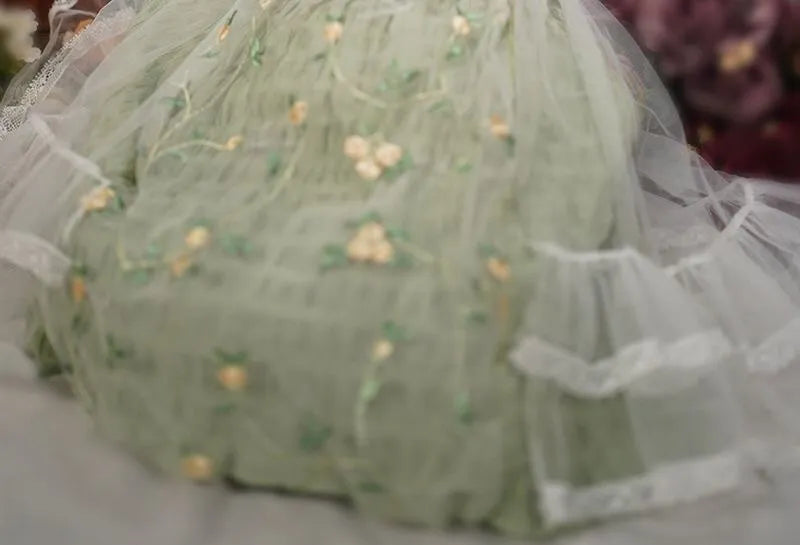 Fairy Garden Embroidered Gown for 1/4 BJD Dolls – Victorian Green Dress with Bonnet