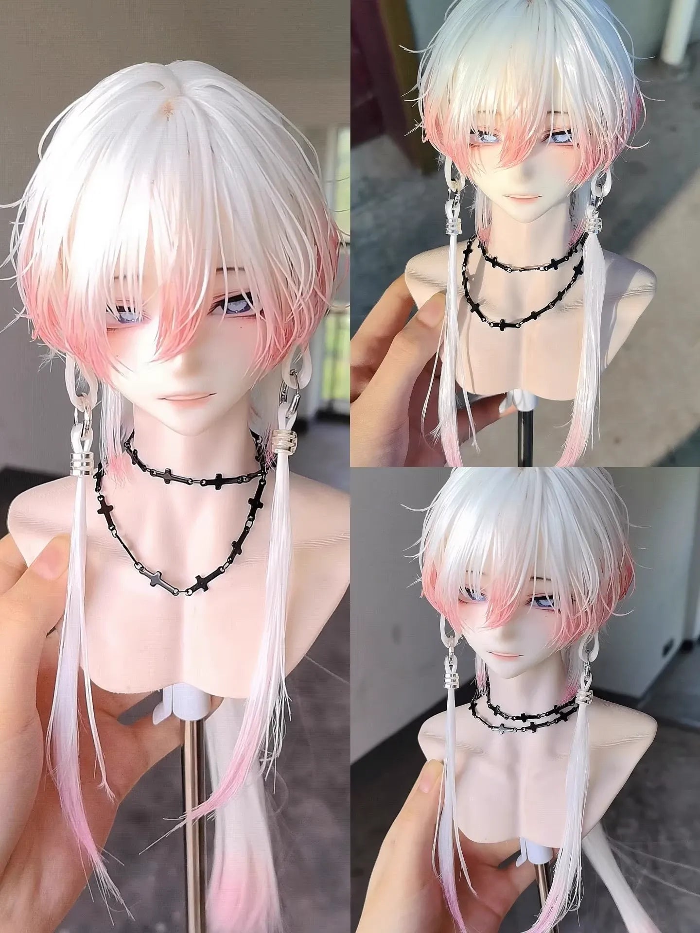 Multi Layered Peach Gradient Short Side Tail White Wig-for 1/3 SD